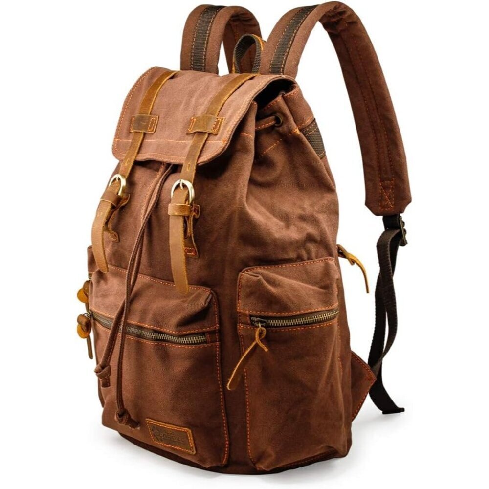 GEARONIC Vintage Canvas Backpack Leather Rucksack Knapsack 15inch Hiking Bag